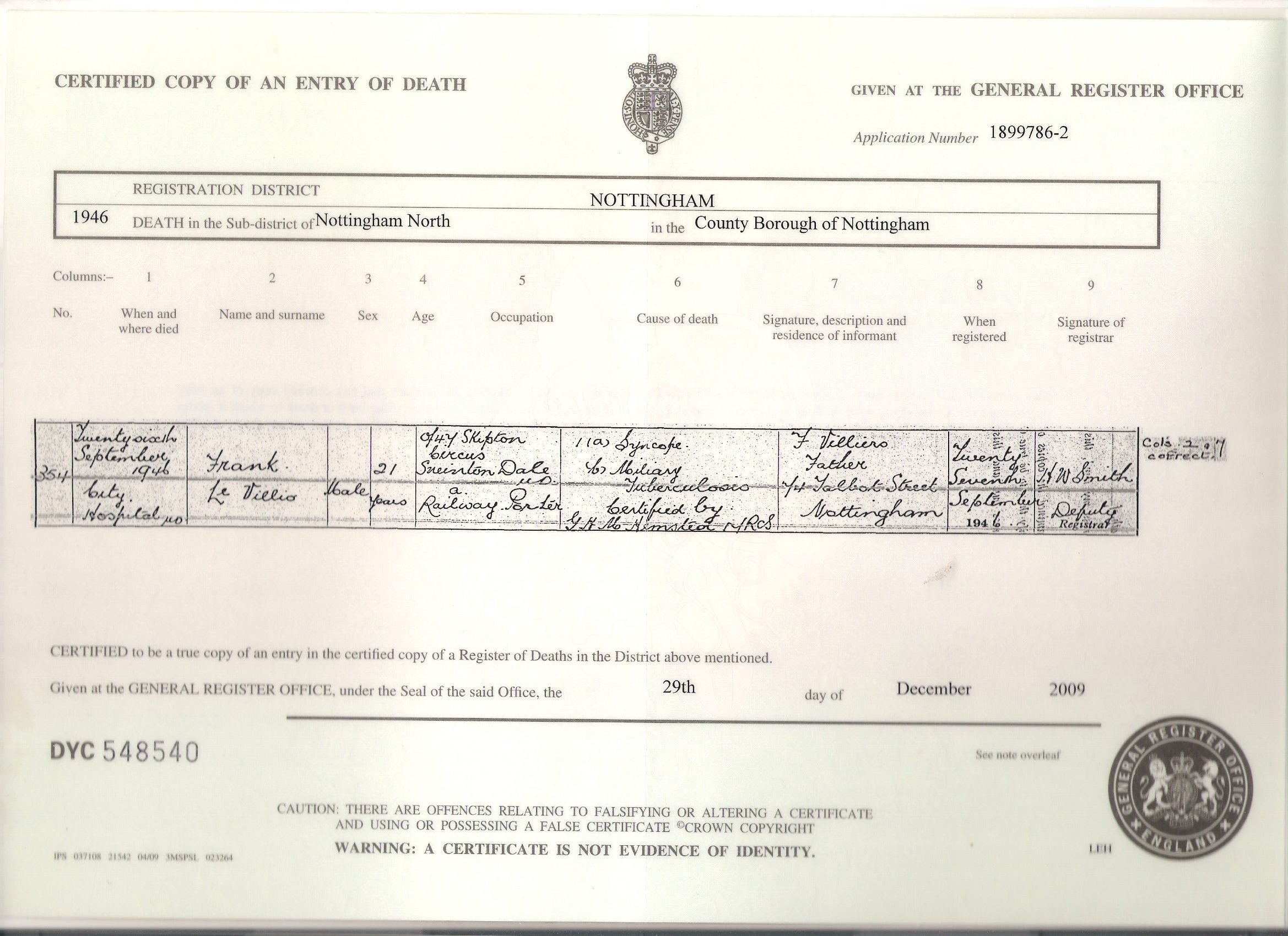 Frank Le Villio's death certificate, copyright General Register Office,  Southport. - Frank Falla Archive